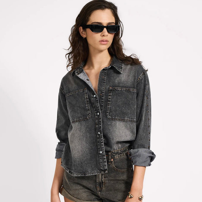 One Teaspoon-Nixie Eyelet Classic Fit Denim Shirt - Charcoal Black