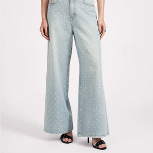 One Teaspoon- Love Machines Mid Waist Super Wide Leg Denim Jeans - Blue Sparkle