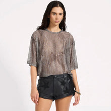 One Teaspoon- Mesh Striped Oversized Kobe Tee, Grey Zebra Print