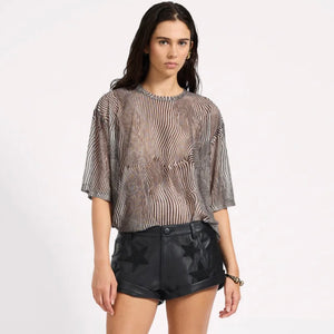 One Teaspoon- Mesh Striped Oversized Kobe Tee, Grey Zebra Print
