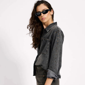 One Teaspoon-Nixie Eyelet Classic Fit Denim Shirt - Charcoal Black