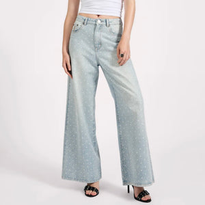 One Teaspoon- Love Machines Mid Waist Super Wide Leg Denim Jeans - Blue Sparkle