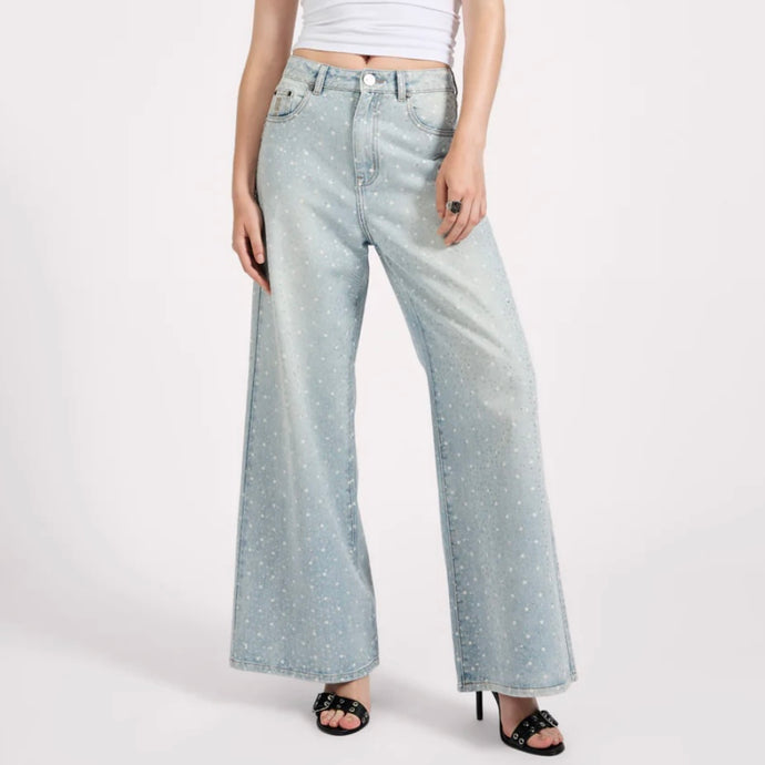 One Teaspoon- Love Machines Mid Waist Super Wide Leg Denim Jeans - Blue Sparkle