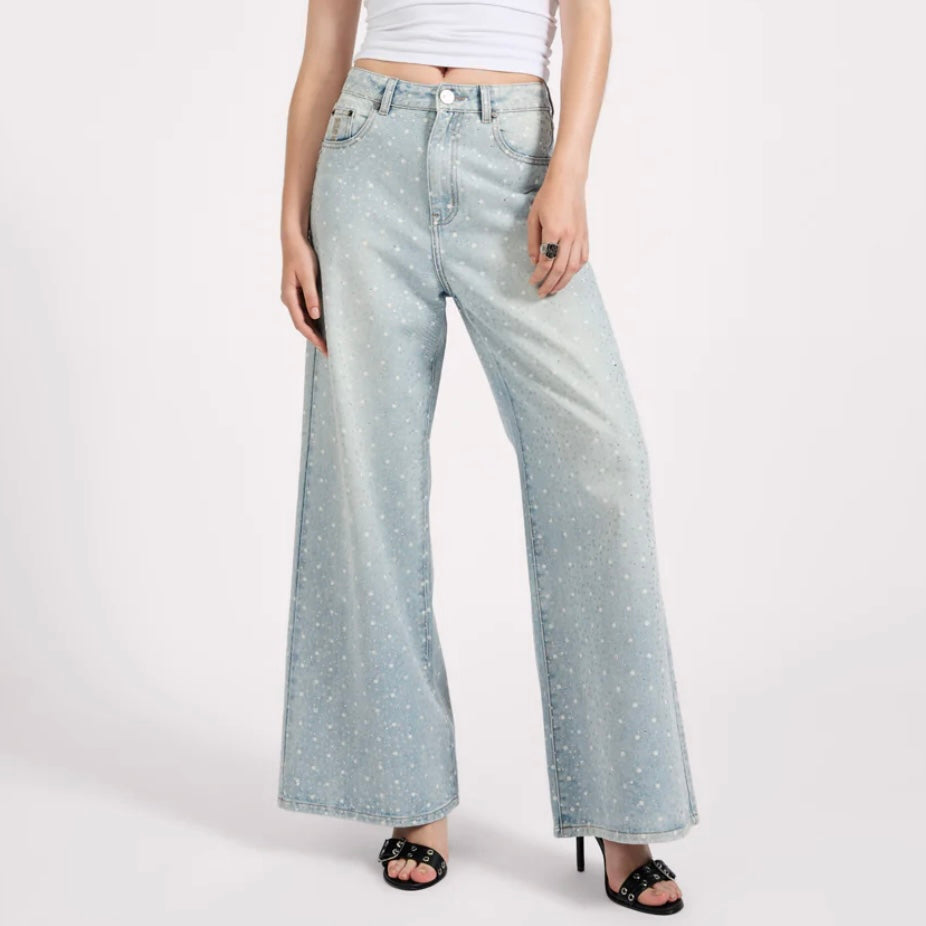 One Teaspoon- Love Machines Mid Waist Super Wide Leg Denim Jeans - Blue Sparkle