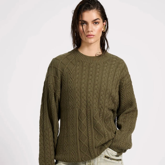 One Teaspoon- Mixed Cable Cotton Knit Sweater - Khaki