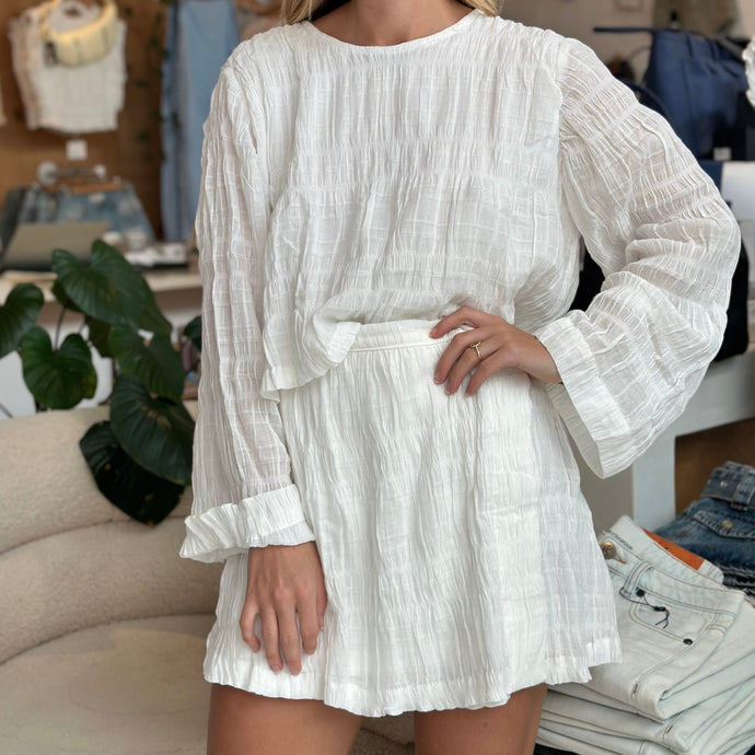 Kendall Long Sleeve Tie Top in White Textured Cotton