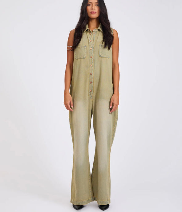 One Teaspoon- Braxton Wide Leg Denim Jumpsuit | Warm Khaki