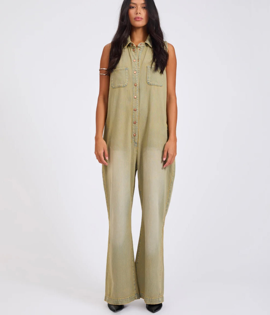 One Teaspoon- Braxton Wide Leg Denim Jumpsuit | Warm Khaki