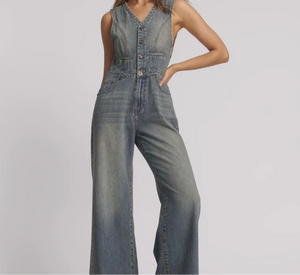 One Teaspoon- Love Machine Wide Leg Fitted Denim Jumpsuit - Dirty Blue