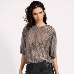 One Teaspoon- Mesh Striped Oversized Kobe Tee, Grey Zebra Print