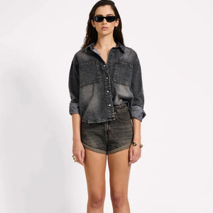 One Teaspoon-Nixie Eyelet Classic Fit Denim Shirt - Charcoal Black