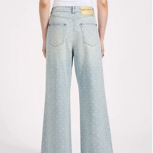 One Teaspoon- Love Machines Mid Waist Super Wide Leg Denim Jeans - Blue Sparkle