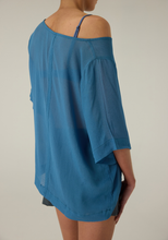 Joyeux sheer boxy top in steel blue, detail view