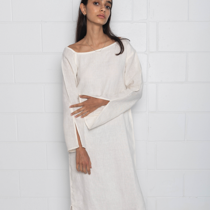 Off White Linen Relaxed Maxi Dress with Split Sleeve detail