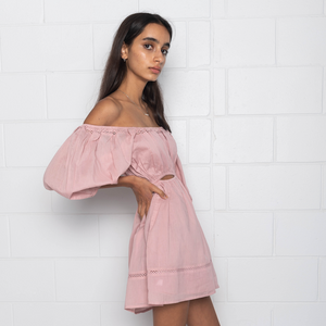 Pink Cotton Mini Dress Puff Sleeves and cutout