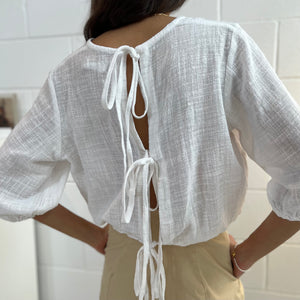 White cotton muslin top with back ties 